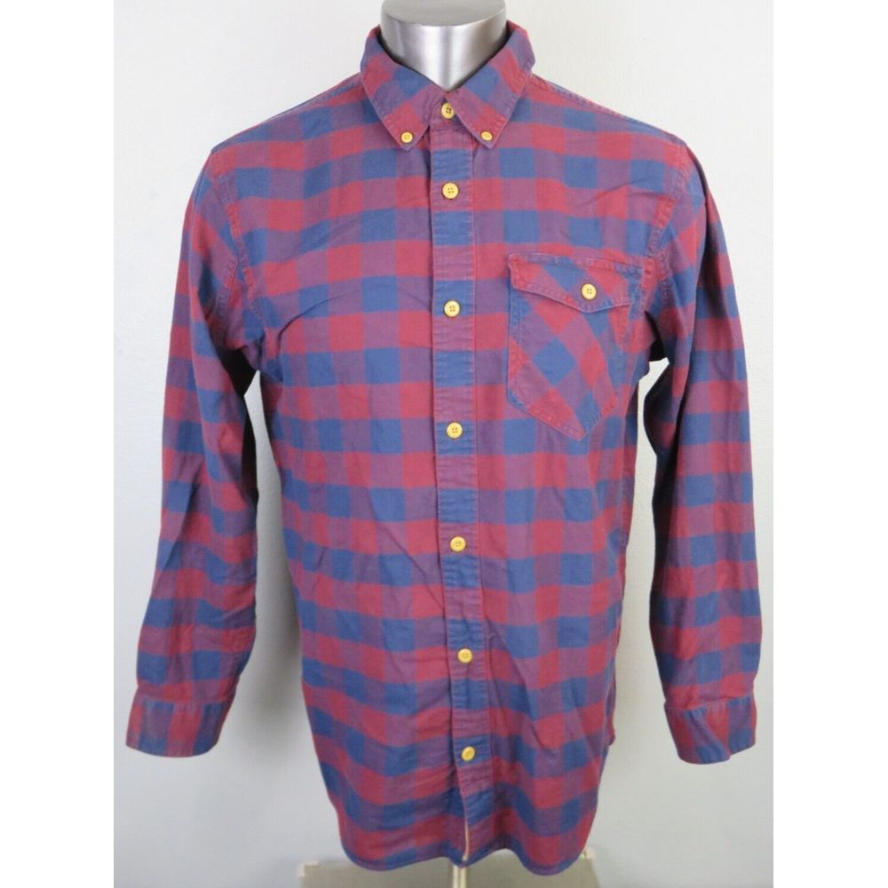 Mens‎ Duluth Trading Co Plaid Flannel Shirt Size L Trim Red Blue Button Front